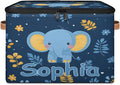 Custom Storage Basket with Name Personalized Storage Bins with Zipper Lid Foldable Fabric Storage Box Large capacity with Handle Elephant Flower Leaves