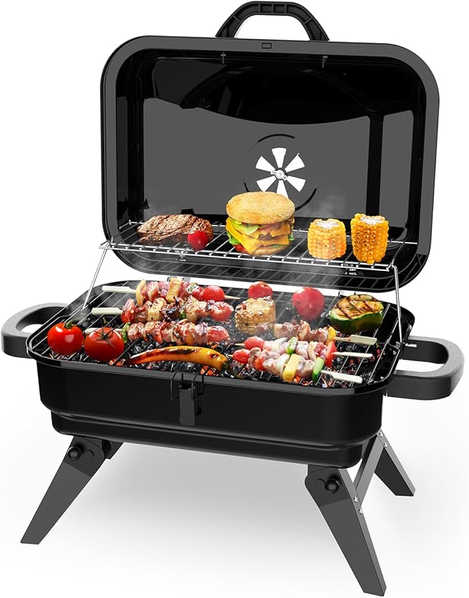 BBQCuker Portable Charcoal Grill with Warming Rack Small Tabletop Barbecue Grill Foldable Legs Adjustable Vent Total 343 Sq. In.Cooking Space Outdoor BBQ Grill for Camping and Picnics (Black)