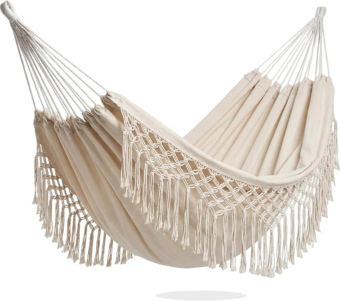 PNAEUT Double Hammocks for Outside Replacement Outdoor Tree Hammock for Indoor Patio Porch Garden (Tassel Beige Medium)