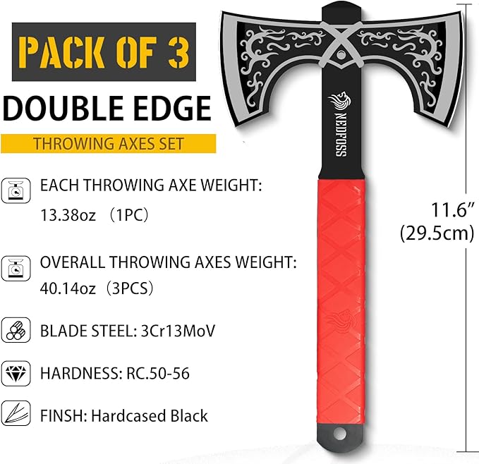 NedFoss Throwing Knife and Throwing Axe Set 11.6 Throwing Axes and Tomahawks Viking Double Bit Tear-Resistant TPR Handle Throwing Axe for Axe Throwing Game (Throwing Combo)