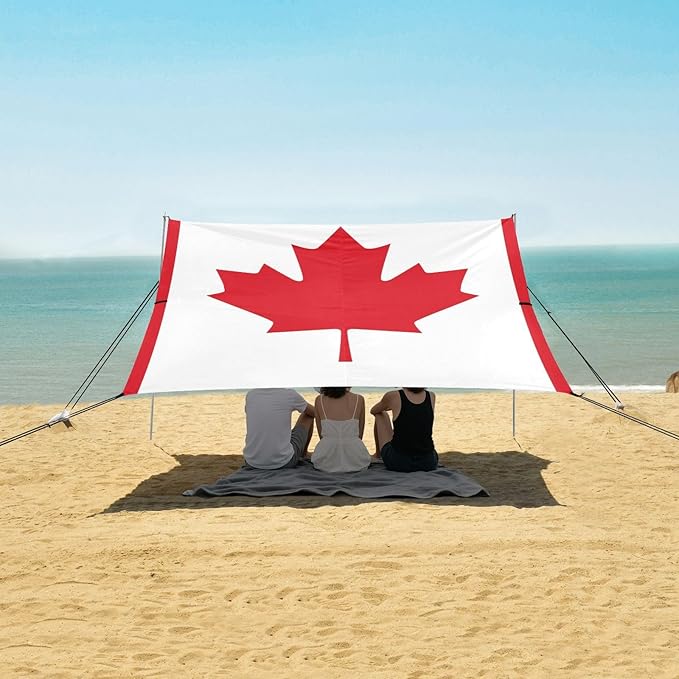 Canada Flag Foldable Beach Tent UPF50+ Protection Easy Setup Shade Sun Shelter with Sand Shovel for Family Trips Picnics &amp Camping