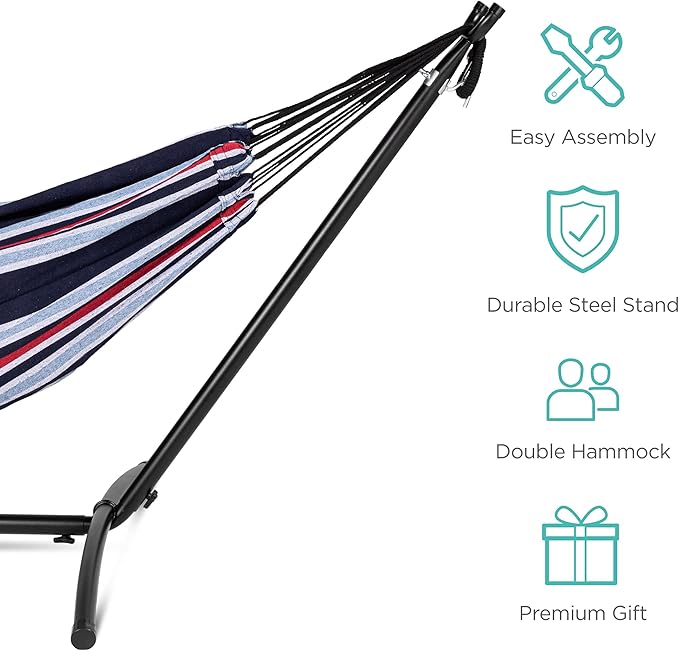 Best Choice Products Double Hammock with Steel Stand Indoor Outdoor Brazilian-Style Cotton Bed w/Carrying Bag 2-Person Capacity - Abyss