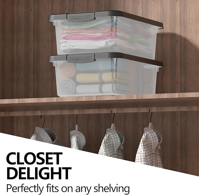 2-Pack Latching Boxes 14 Quart Clear Plastic Organization Containers for Closet Bedroom Shelving Units