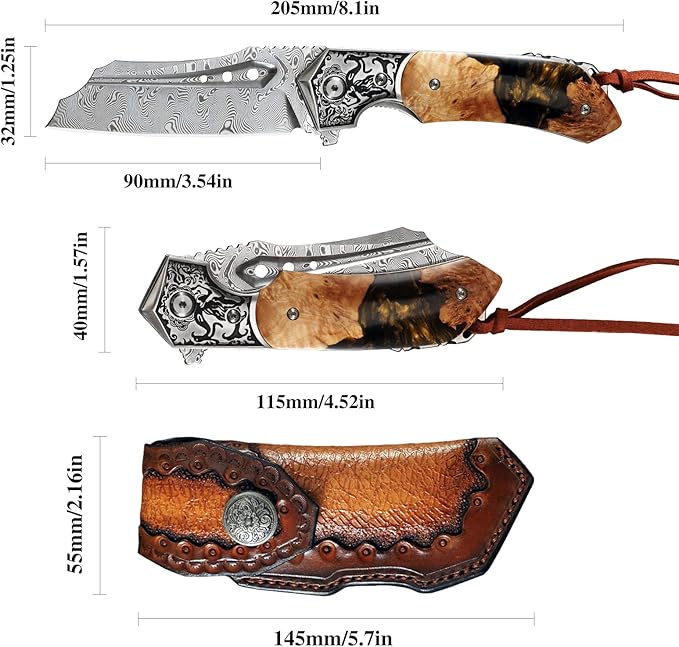 Japan Handmade Damascus steel steel Folding Pocket Knife3.5 in High hardness bladeFrame LockWith Leather Sheathresin and Maple handleMountaineering go fishing hunting Adventure Knifee