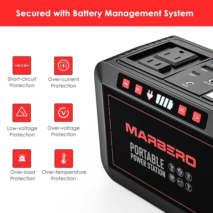MARBERO 200W Portable Power Station 148Wh Camping Solar Generator Laptop Power Bank with AC Outlet 110V DC USB QC3.0 LED Flashlights for CPAP Home Outdoor Trip Emergency Backup