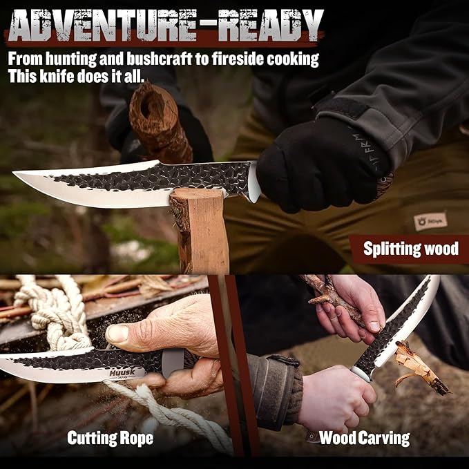 Huusk Fixed Blade Bowie Knife - 8 Hunting Knife with Sheath Full Tang Survival Knives with Ergonomic Wood Handle Outdoor Bushcraft Knives for Camping Hiking Fishing BBQ Christmas Gifts for Men