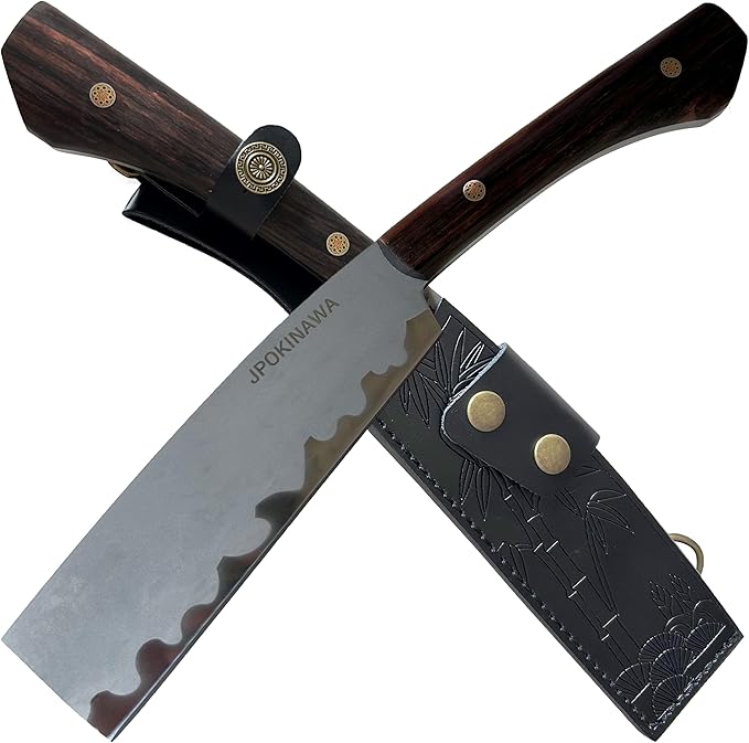 13.6【Handmade Machete】 Japanese Tradition NATA - FullTang 60HRC High Carbon Steel Blade Ebony Wood Handle with Cowhide Scabbard