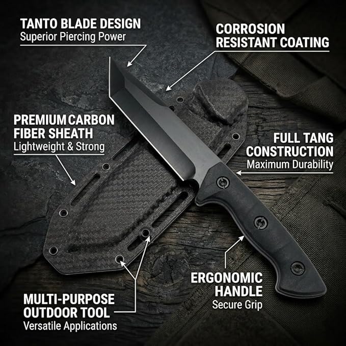 10 Fixed Blade Survival Knife with ABS Sheath - High Hardness Stainless Steel Tanto Blade Outdoor Utility Tool for Camping Hiking &amp Bushcraft - Ergonomic Lightweight Gear Black/Green (black)