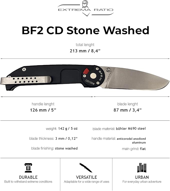 Extrema Ratio - BF2 CD (STONE WASHED) Folding Knife Böhler N690 steel blade hardened to 58 HRC stone-washed finish anticorodal aluminum handle reversible clip Italian handcrafted precision