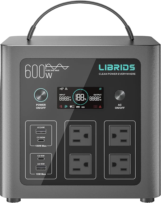 LIBRIDS Portable Power Station 8 Ports (4 AC Outlets) 600W Solar Generator with LiFePO4 Battery Pack for Camping
