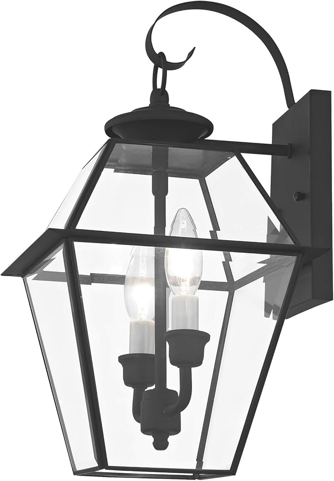 Livex Lighting 2281-04 Westover 2 Light Outdoor Black Finish Solid Brass Wall Lantern with Clear Beveled Glass