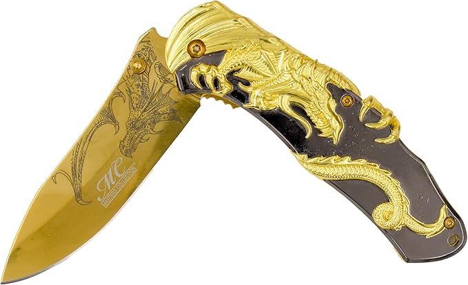 Masters Collection -Spring Assisted Open Folding Knife - Gold TiNite Coated Stainless Steel Blade w/Etched Dragon Gold and Black 2-Tone Zinc Alloy Handle w/Sculpted Dragon - MC-A045