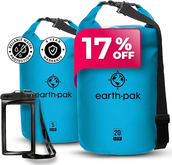 Earth Pak Waterproof Dry Bag - Roll Top Waterproof Backpack Light Blue 5L &amp 20L