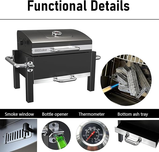 BBQCuker Portable Charcoal Grill with Warming Rack Tabletop Charcoal Grill Small BBQ Grill with Thermometer(100-800°F) Outdoor Charcoal Smoker for Camping Picnic Hiking Beach and Travel