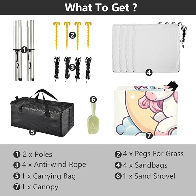 ALAZA Cute Unicorn Pegasus Sleep Vector Pony Cartoon on Moon Beach Tent Sun Shelter Portable Canopy Sunshade for Outdoor Camping Picnics Backyard Fun 10x9 ft