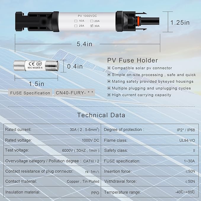 30A Solar Fuse Connector IP68 Waterproof 1000V in-line Fuse Holder 30A Male and Female Connector Waterproof in-Line Fuse Holder (Contains 8 fuses + 4 Solar Fuse Holders)