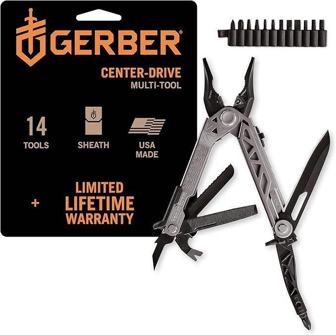Gerber Gear Center-Drive Multitool Bit Set - 16-Piece Multitool 12-Piece Standard Bit Set - Includes Knife Pliers Wire Cutters Bottle Opener &amp More - Silver Tool Made in USA - Coyote Brown Sh