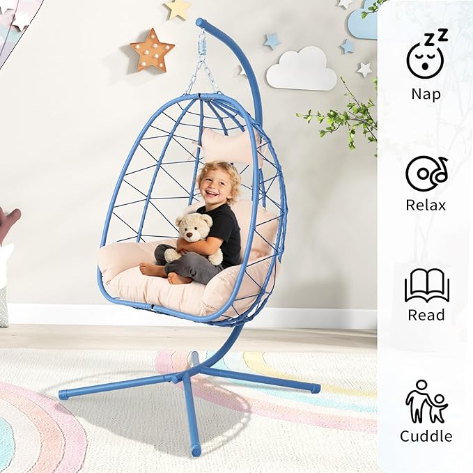 Hanging Egg Chair with Stand Outdoor Indoor Patio Rattan Swing Hammock Chairs with Washable Cushion PE Wicker Swing Chair for Backyard Bedroom Garden (Blue + Beige Cushion No Footrest)