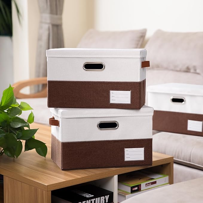 PRANDOM Foldable Storage Bins with Lids [3-Pack] Fabric Collapsible Storage Boxes Baskets Cubes Containers with Handles for Closet Living Room Bedroom (Brown &amp White 14.9x9.8x9.8'')