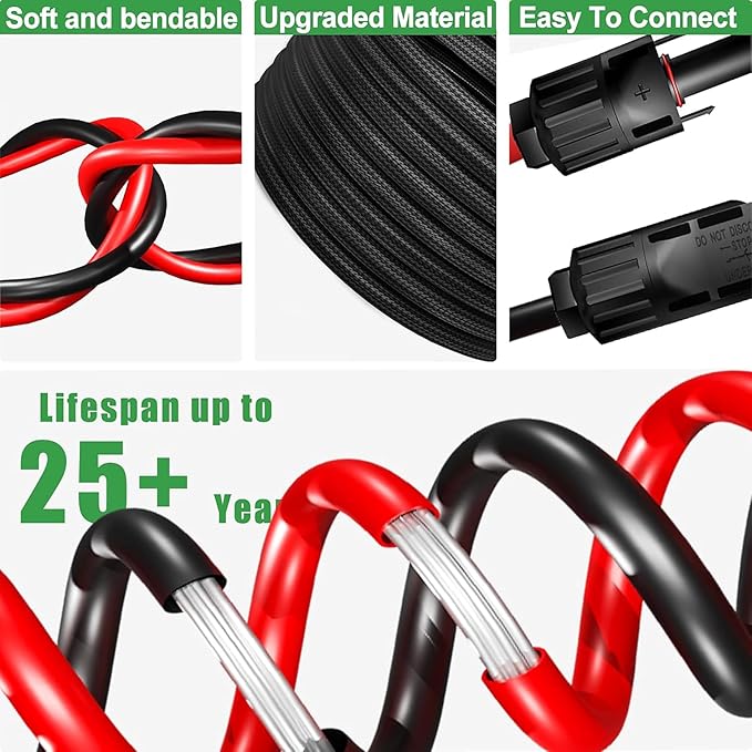 Twin Wire 60 Feet Solar Extension Cable 10AWG with -IP67- Female and Male Connector Bonus Four Pairs of Free Connector Solar Panel Adapter kit Tools (6 Pairs connectors)