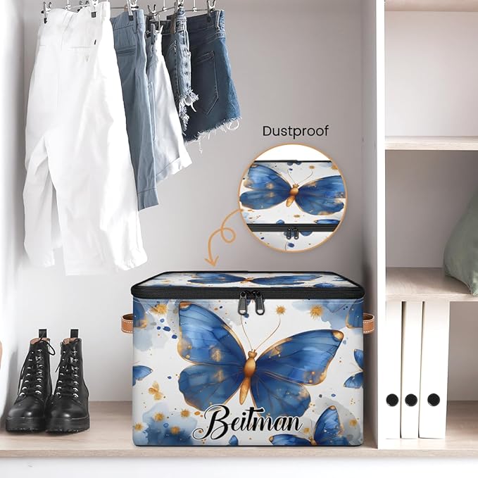 Storage-Bins with Lids Handle Customized Stackable-Storage-Bin for Kids-Boys-Girls-Toys Cube Collapsibl Basket Blue Butterflies
