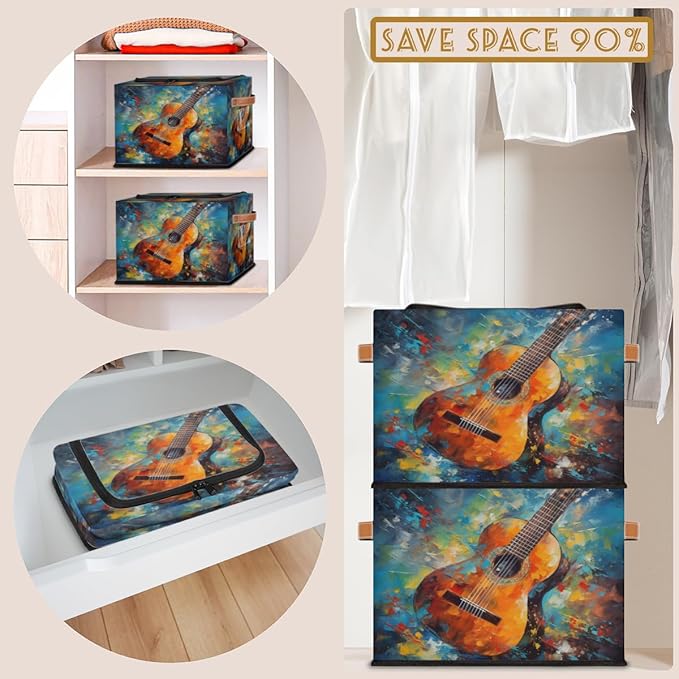 Watercolor Guitar Storage Box with Lid Music Collapsible Storage Bins Baskets Cubes Closet Shelf Clothes Organizer Containers with PU Leather Handles
