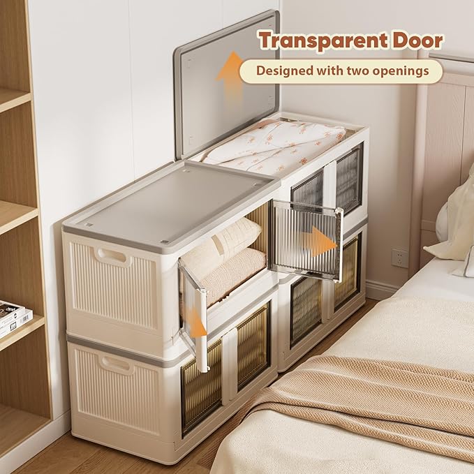 19 Gallon Collapsible Storage Box Folding Storage Cabinet with Door and Wheels Clear Door Dual Open Storage Box for Home 1 Pack