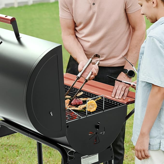 Royal Gourmet CC1830V 30 Barrel Charcoal Grill with Wood-Painted Side Front Table 627 Square Inches Cooking Space for Outdoor Backyard Patio and Parties Black