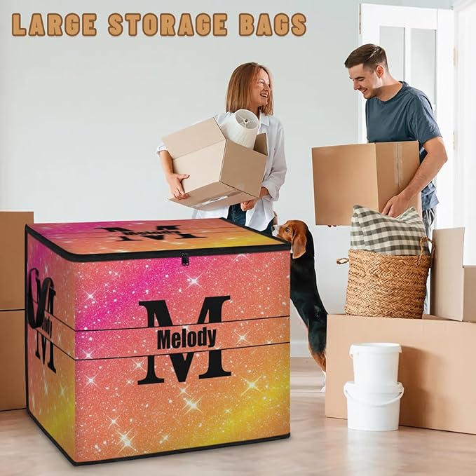 Custom Storage Baskets Cubes for Home with Name Initial letter Large Foldable Organizer Storage Bins for Home Blanket Comforters Clothes Closet Nursery Pink Yellow Orange Bling Shiny Stars