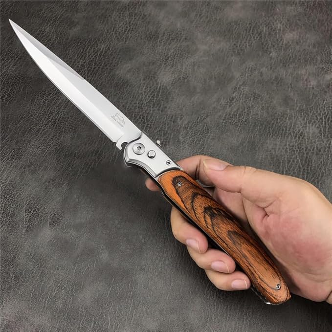 12'' Tactical Folding Knife 420 Stainless Steel Blade Red-colored Wood Handles with Slide Safety Lock Outdoor Camping EDC Tools