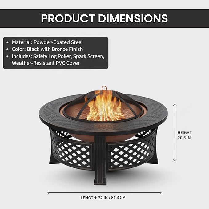 Fire Pit - 32-Inch Outdoor Fireplace with Spark Screen Poker and Cover - Wood-Burning Fire Pit for Yard Patio or Camping by Pure Garden (Bronze)