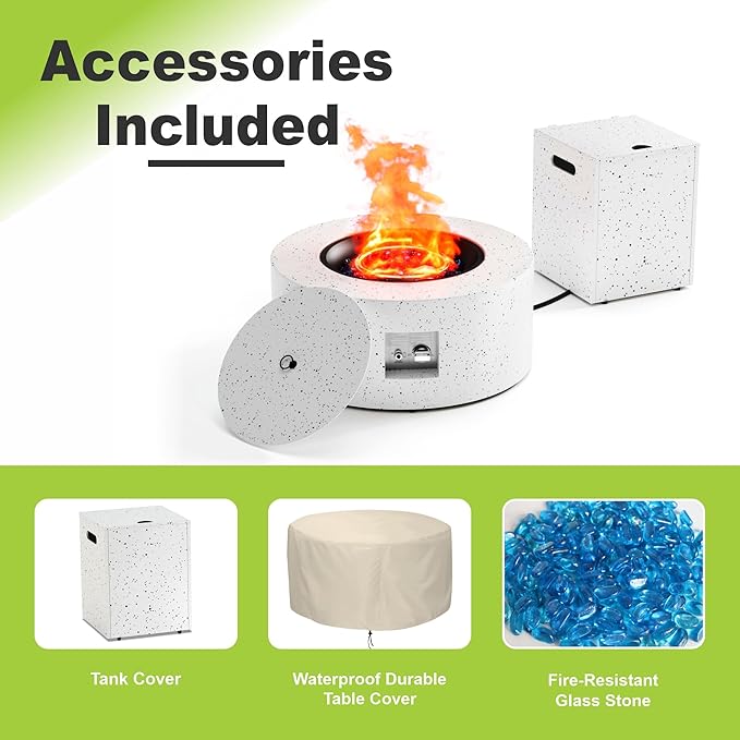 2-Piece 30 Round Propane Fire Pit for Outside Patio with Hidden Tank Table 50000 BTU Fireplaces with Lid Glass Rocks Cover(Speckled White)