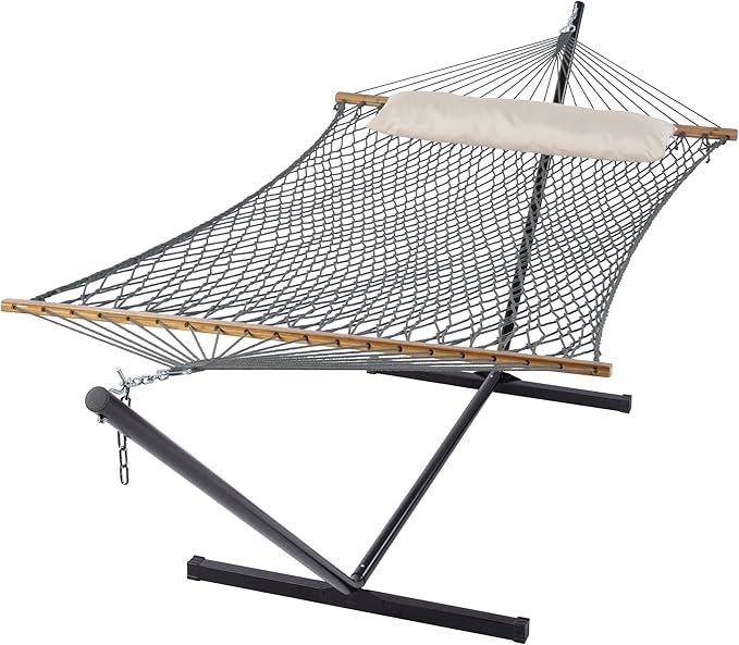 SUNCREAT Rope Hammock with Stand Included Portable Double Hammock with Soft Pillow Gray