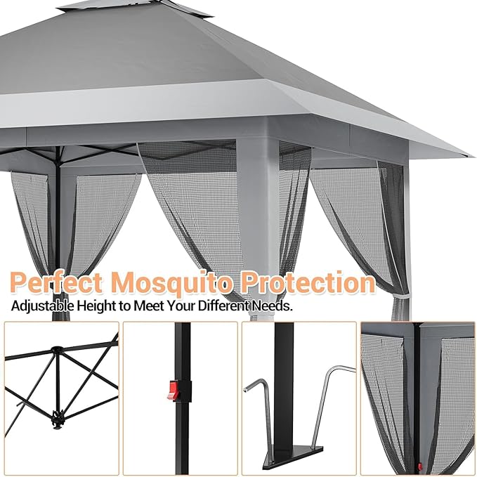 13x13ft Pop Up Gazebo Outdoor Canopy Tent with Mosquito Netting Heavy Duty Party Tent Shelter with Waterproof and Ultraviolet Double Roof for Backyard Garden Lawn and Deck (Grey)