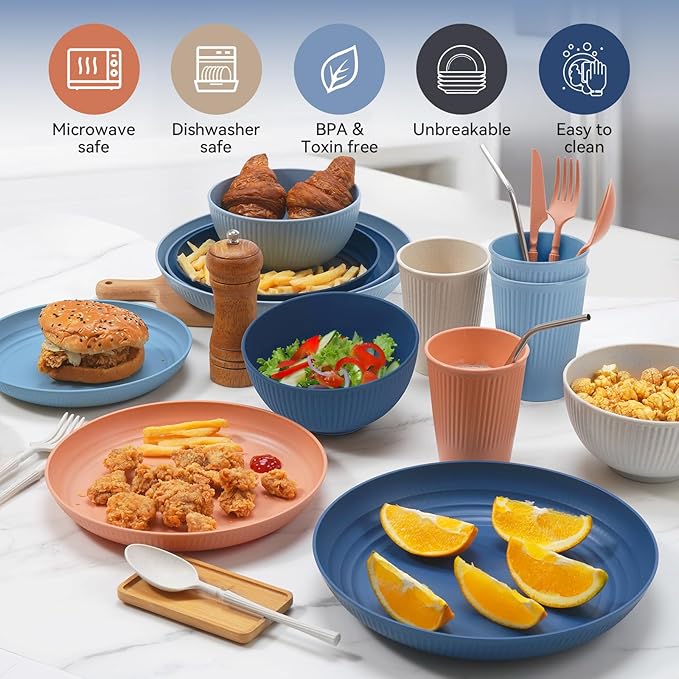 Wheat Straw Dinnerware Sets64-Piece Plates and Bowls Sets for 8-UnbreakableReusable Plastic Dish Set-Dinner Plate/Dessert Plate/Cereal Bowl/Cup/Utensils-Microwavable Dishwasher Safe 64P-Deep Gray