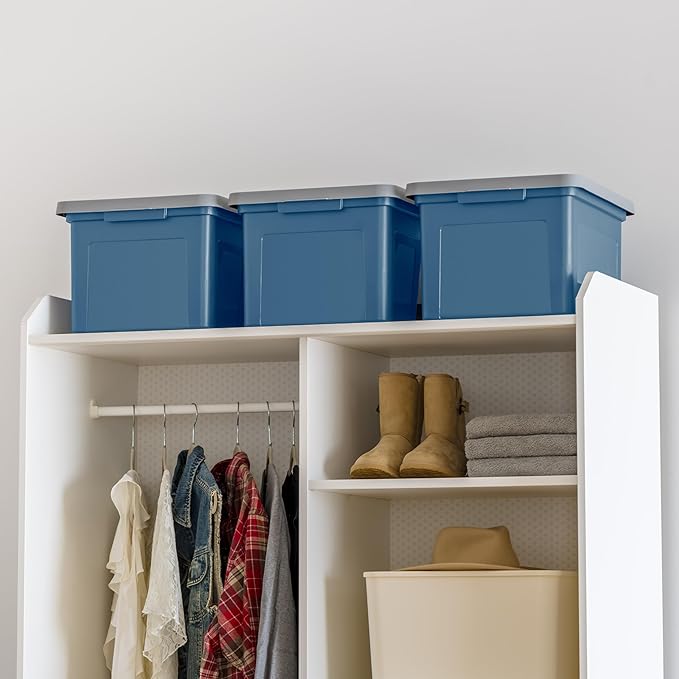 IRIS USA File Box Plastic File Organizer for Letter/Legal File Document Box Durable Storage Bin Tote with Secure Latching Lid Stackable BPA-Free Eco Friendly Sustainable Navy/Gray 35 Qt. 4 Pack