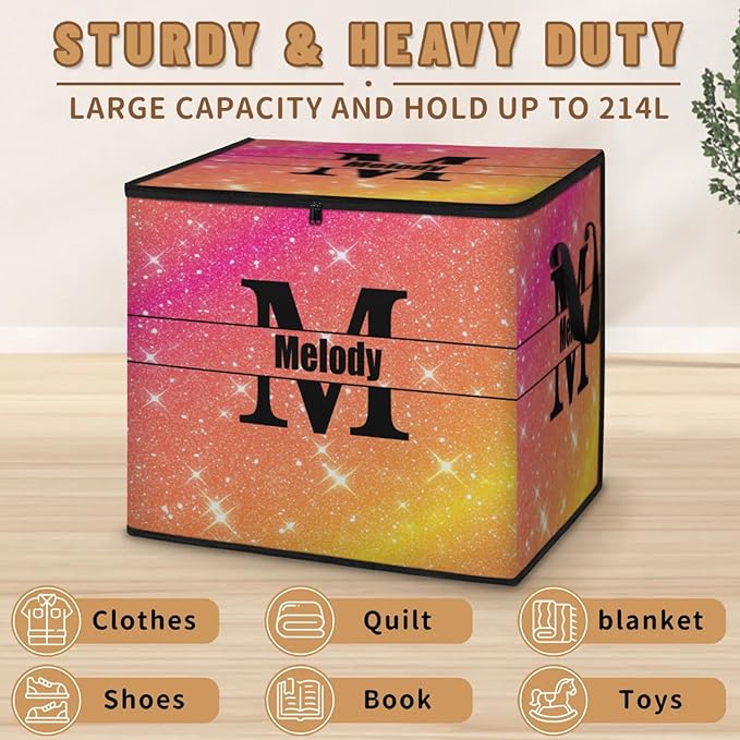 Custom Storage Baskets Cubes for Home with Name Initial letter Large Foldable Organizer Storage Bins for Home Blanket Comforters Clothes Closet Nursery Pink Yellow Orange Bling Shiny Stars