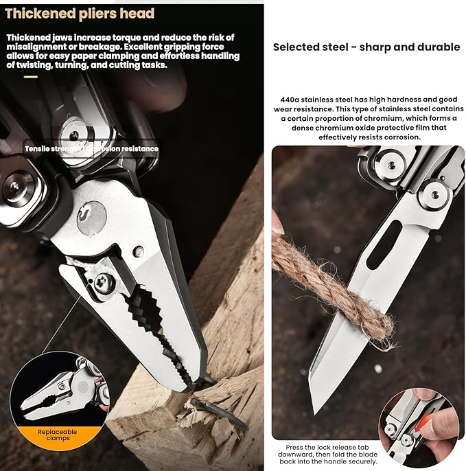 Multitool 20-in-1 Full-Size Lightweight EDC Tactical Gear Camping Knives &amp Tools Gift Ideas for Men Equipment for Emergencies Hiking and Outdoor Camping Multi-Purpose Pliers (Black)
