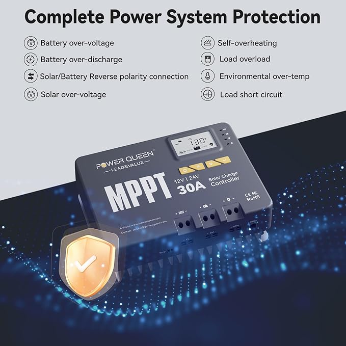 Power Queen 30 Amp MPPT 12V/24V Solar Charge Controller with Built-in BluetoothSupport Remote MonitoringDefault for LiFePO4 Batteries and Compatible with Sealed Flooded Gel and Lead-Acid Battery