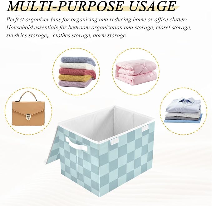 Storage Bins with Lids Storage Containers Storage Box with Handles Storage Organizer Bin Basket for Closet Shelves Clothes Stackable Foldable Checkered Blue 01