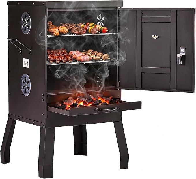 ROVSUN 2-in-1 Outdoor Smoker with Door Vertical Portable Charcoal Grill with Two Detachable Grill Smoking Racks and Charcoal Pan Perfect for Camping Barbecue Small Families Black