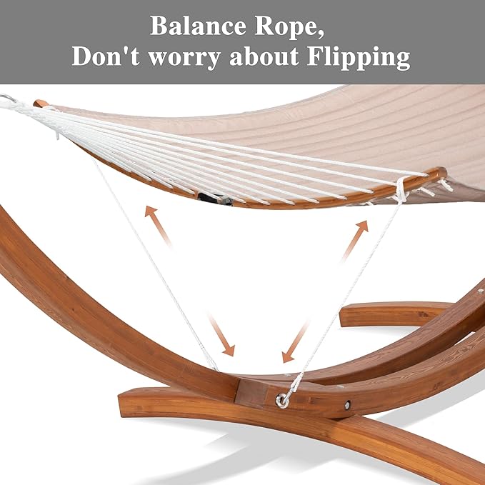 SUNCREAT Hammocks Patio Hammock with Stand 2 Person Heavy Duty Curved Hammock with 13.5 ft Wooden Stand Tan