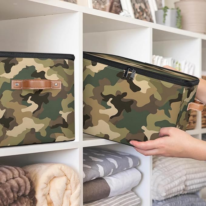 Storage Bins with Lids Brown Green Camo Storage Basket Clothes Organizer with Handles Closet Storage Containers for Clothing Bedding Blanket