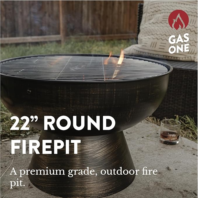 GasOne 22 in Round Outdoor Fire Pit - Wood Burning With Mesh Lid and Fire Picker - Durable Alloy Steel for Outside - Small for Backyard Porch Deck Camping BBQ