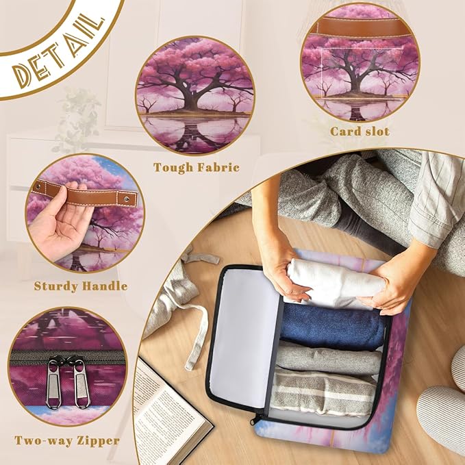 KOBLEN Pink Peach Tree Pattern Storage Basket Collapsible Rectangular Storage Bins with Zipper Lid Handle Closet Shelf Cloth Organizer Basket for Nursery Bedroom Clothes Toy