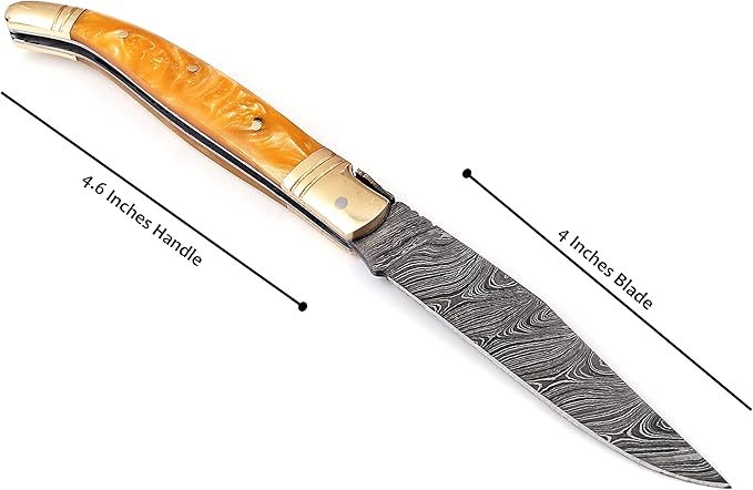 Laguiole Folding Damascus steel knife 8.5 Long with 4 hand forged custom twist pattern Blade. Beige color unshrinkable Raisen scale with brass bolster Cow hide leather sheath included