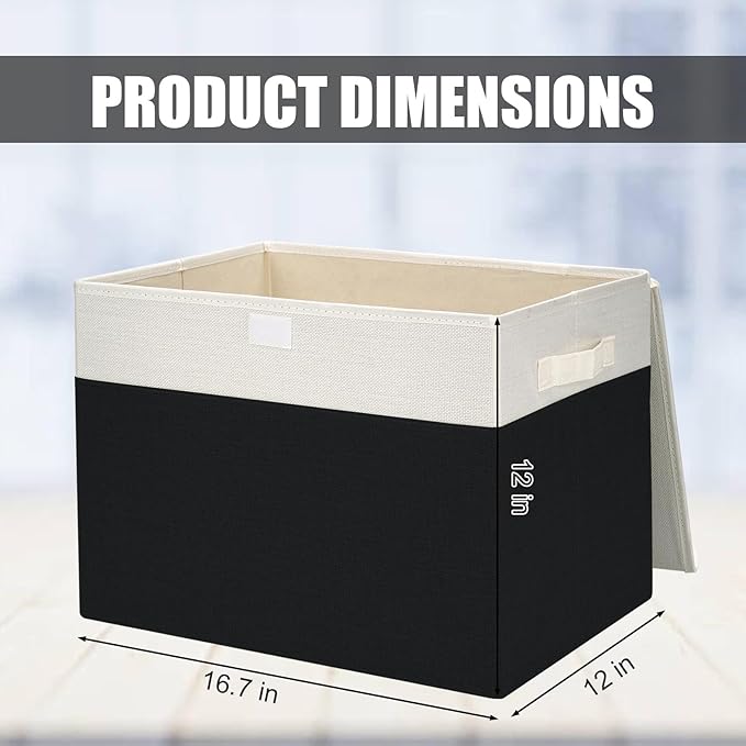 Large 17 42 Quarts Collapsible Stackable Storage Bins with Lids [3-Pack] Foldable Fabric Linen Storage Boxes Cube Closet Organizer Baskets with Label for Home (16.7 x 12 x 12 Black &amp White)