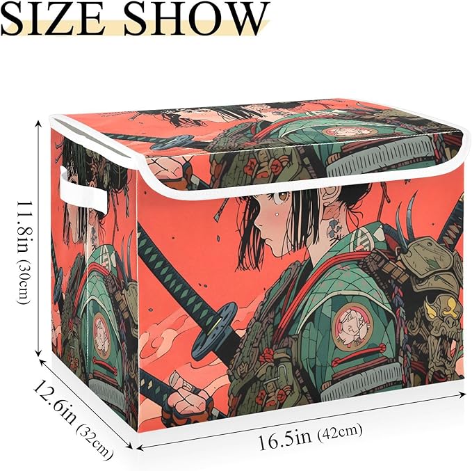 Storage Cube with Lid Anime Japanese Samurai Print 16.5×12.6×11.8 IN Collapsible Large Capacity Foldable Storage Basket Bin Organizer