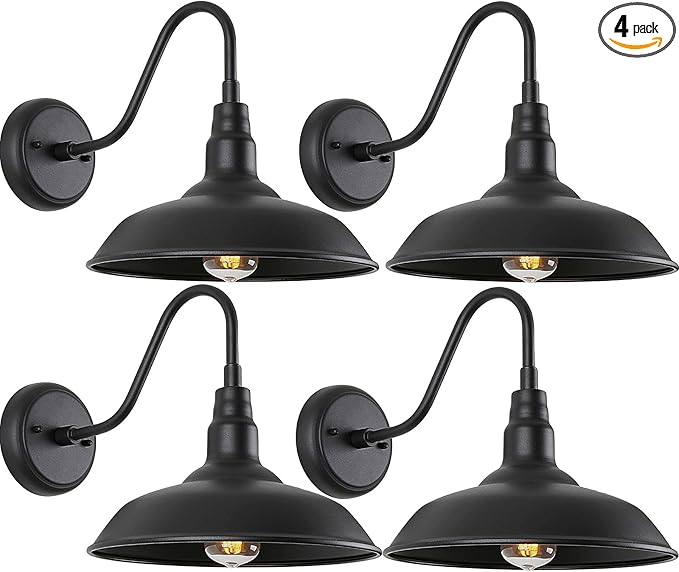 10in Black Gooseneck Barn Lights 4 Pack Farmhouse Barn Wall Mount Light Fixture Exterior Waterproof Industrial Porch Wall Sconce for Garage Patio Doorway LM2201-4P