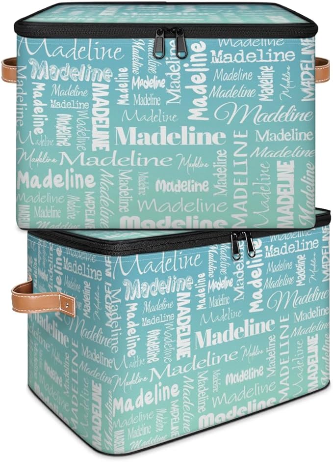 Custom Storage Basket with Name Personalized Keepsake Box with Zipper Lid Foldable Fabric Memory Bin Large capacity with Handle Grey Blue Green